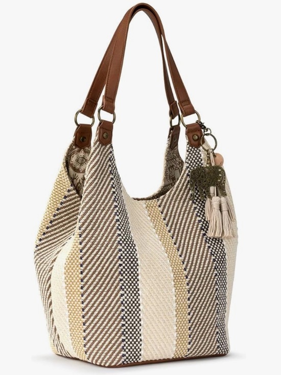 Sakroots KOA Striped Woven Hobo Shoulder Bag in Neutral Brown and Cream NWT - Picture 3 of 5